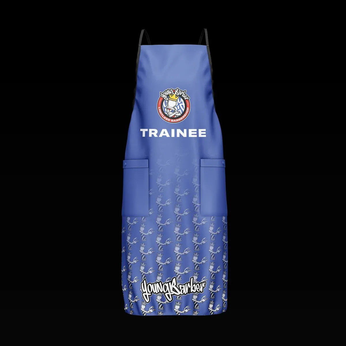 Blue trainee apron with the badge