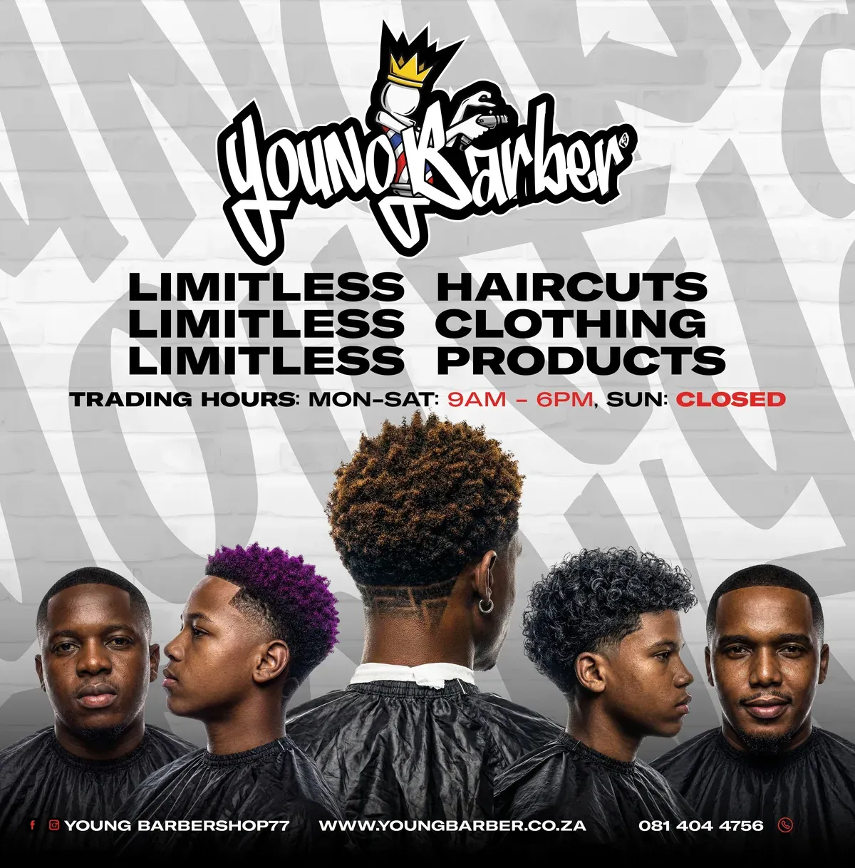 Grey banner: "Limitless haircuts, limitless clothing, limitless products" with trading hours