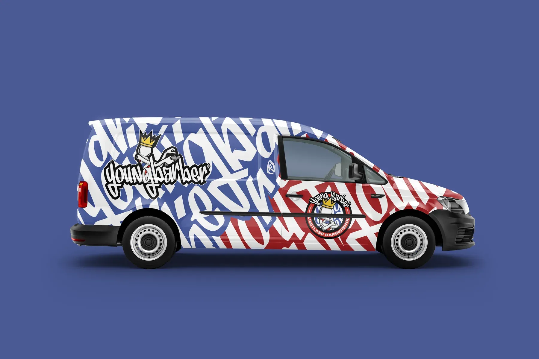 VW Caddy wrapped in blue and red graffiti lettering