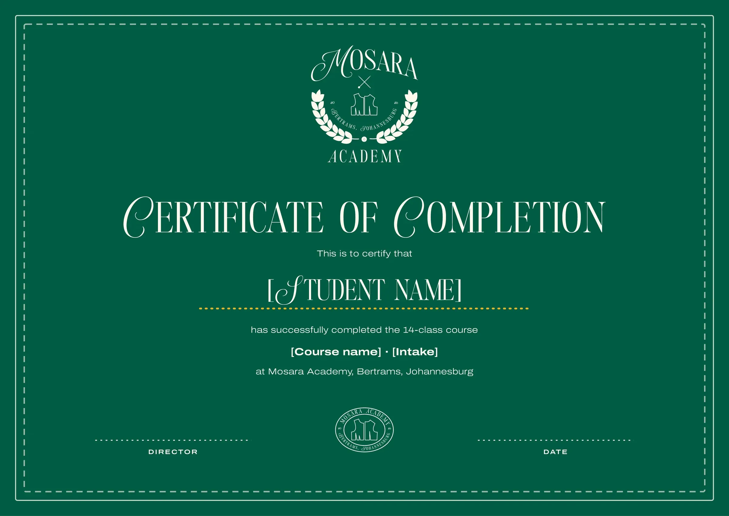 Certificate of completion in green with the crest and a dashed border