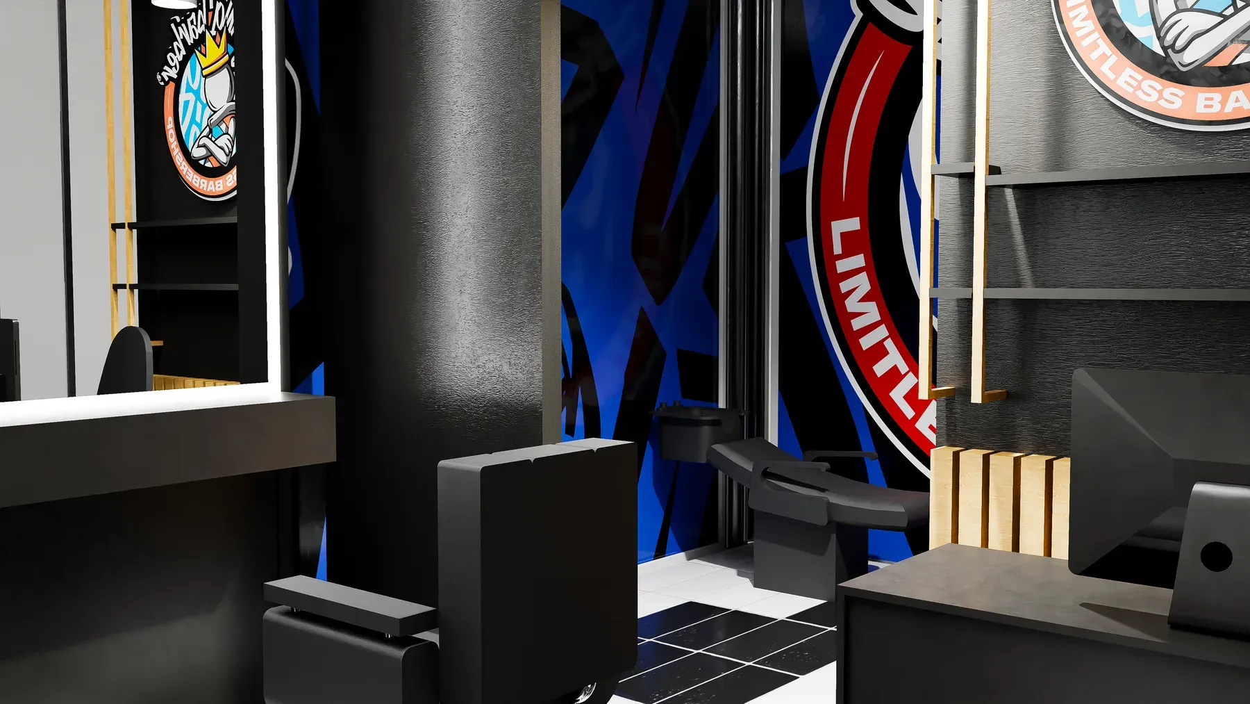 Inside the container barbershop: mirrored stations and the badge on the end wall