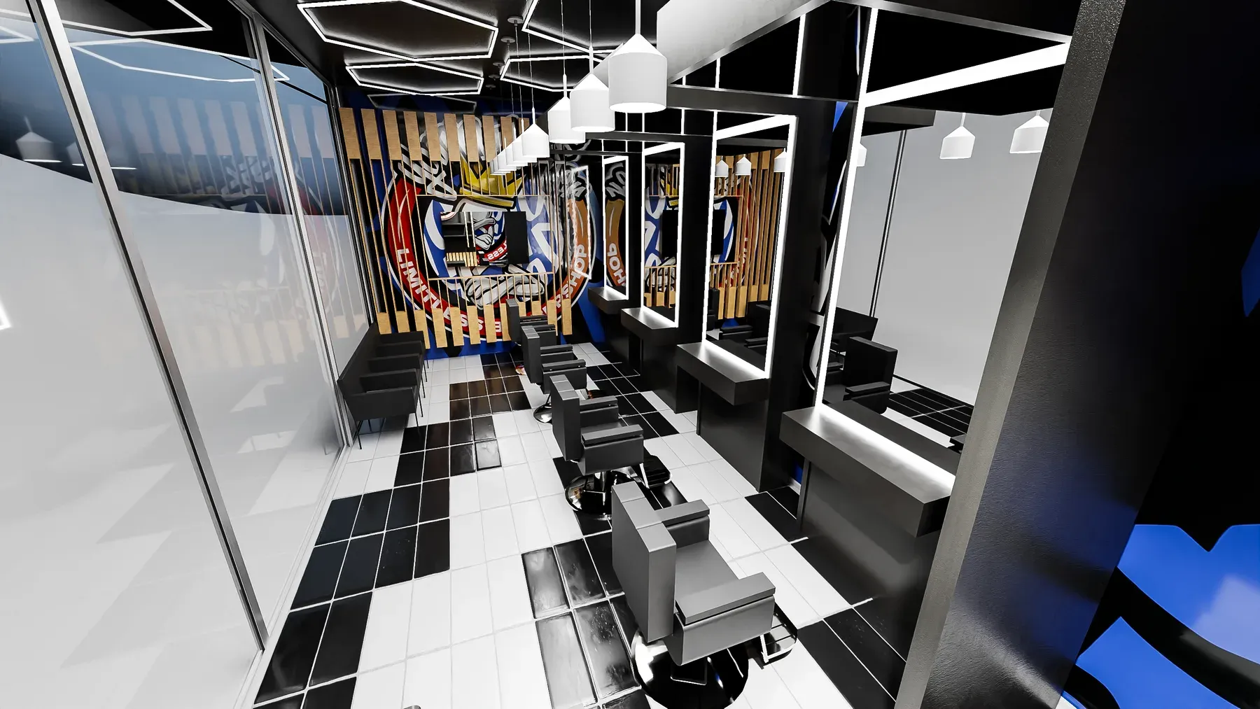 Barber chairs along lit mirrors on a black and white floor
