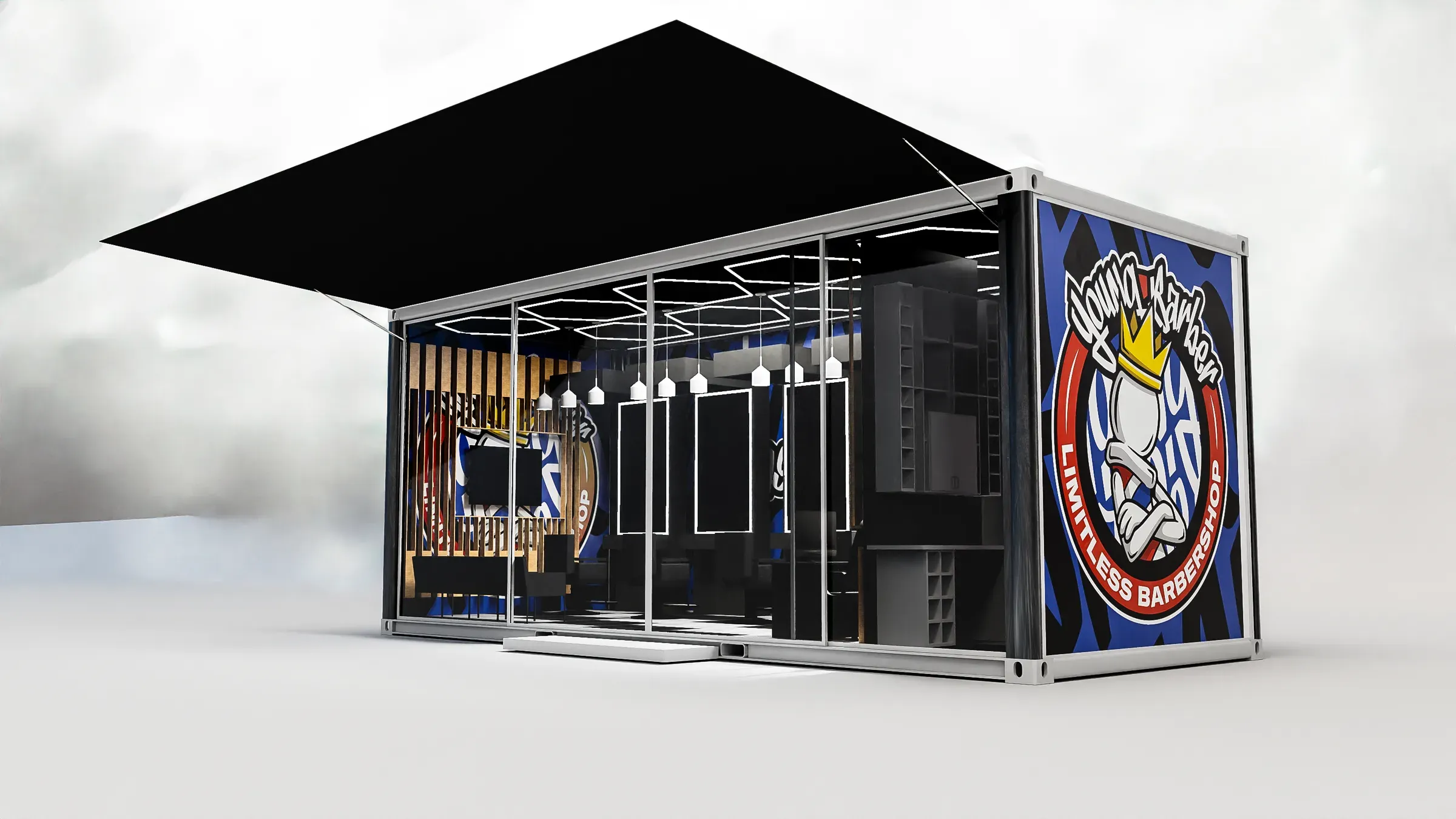 Container barbershop with its canopy open, wrapped in blue graffiti lettering and the badge