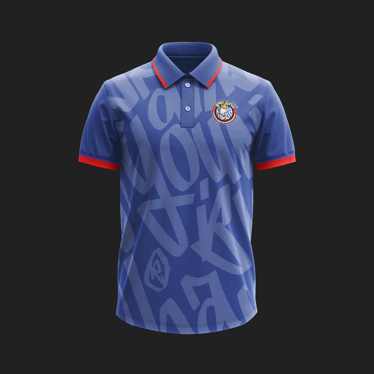 Blue golf shirt with a tonal lettering pattern and red collar tips