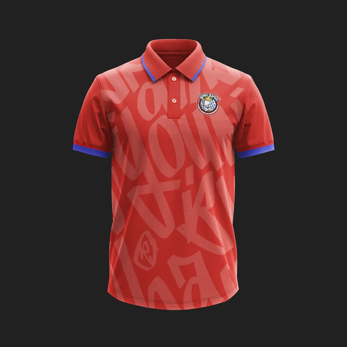 Red golf shirt with a tonal lettering pattern