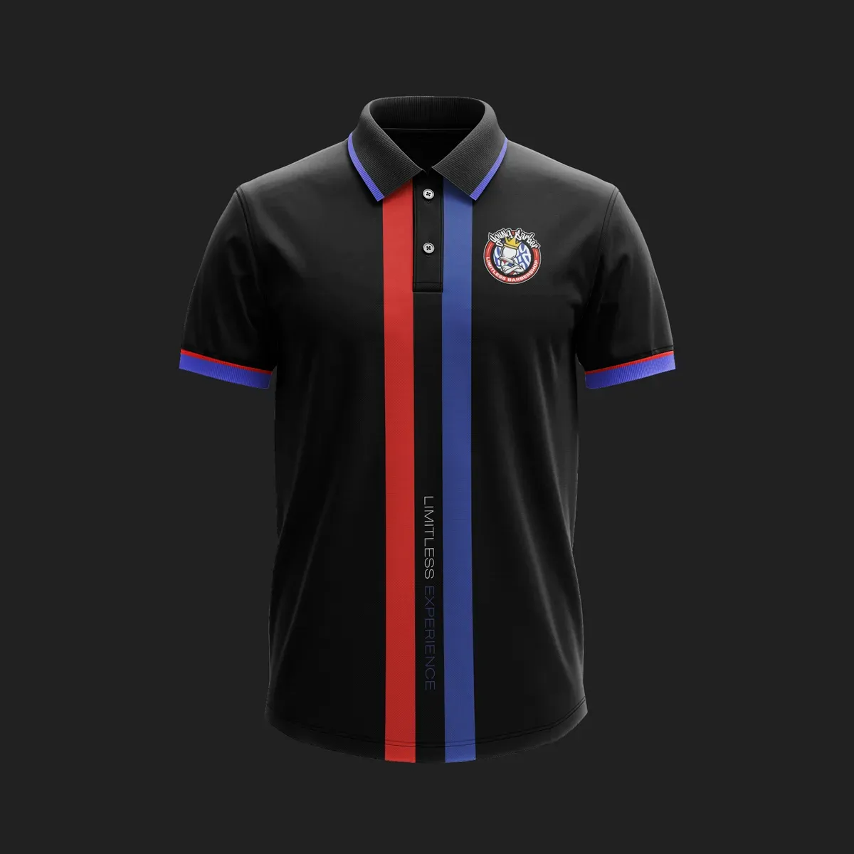 Black golf shirt with a red, white and blue racing stripe