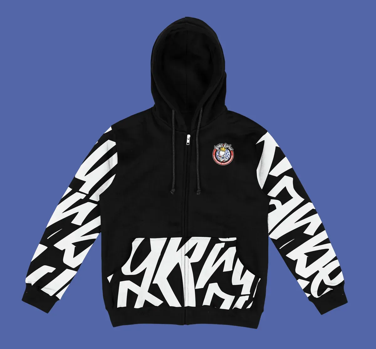 Black zip hoodie with oversized white YB lettering on the sleeves and hem
