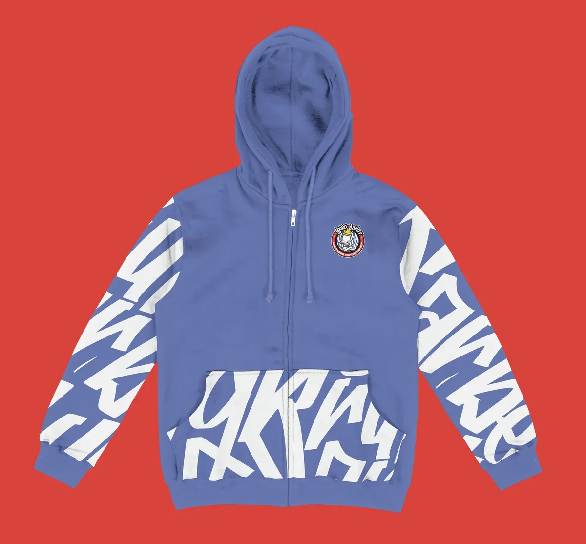 Blue zip hoodie with oversized white lettering