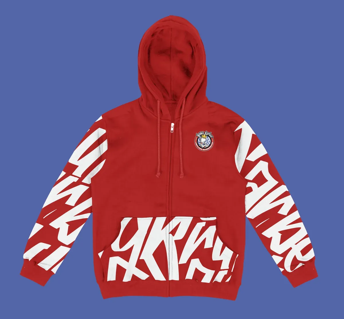 Red zip hoodie with oversized white lettering
