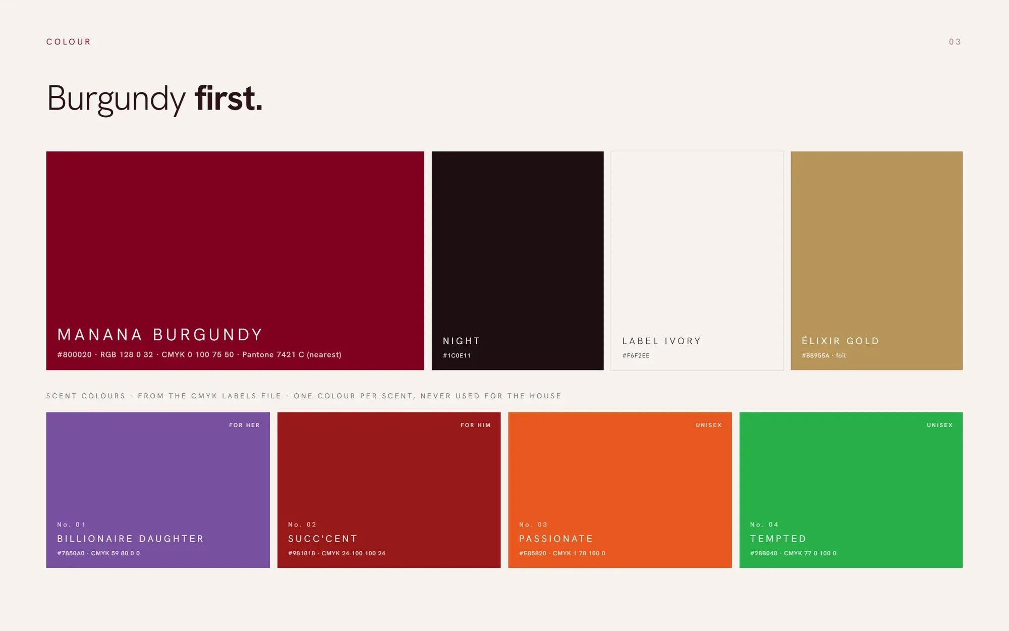 Colour: Manana Burgundy #800020 first, with night, label ivory, Élixir gold and the four scent colours