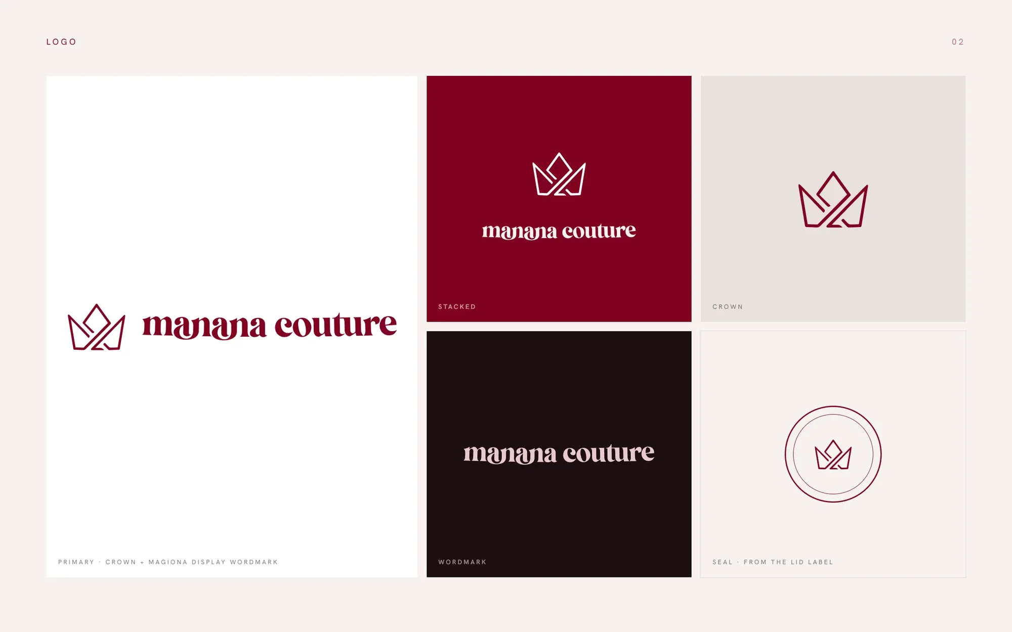 Logo system: crown and Magiona wordmark in burgundy, stacked on burgundy, the crown, the wordmark on night and the seal