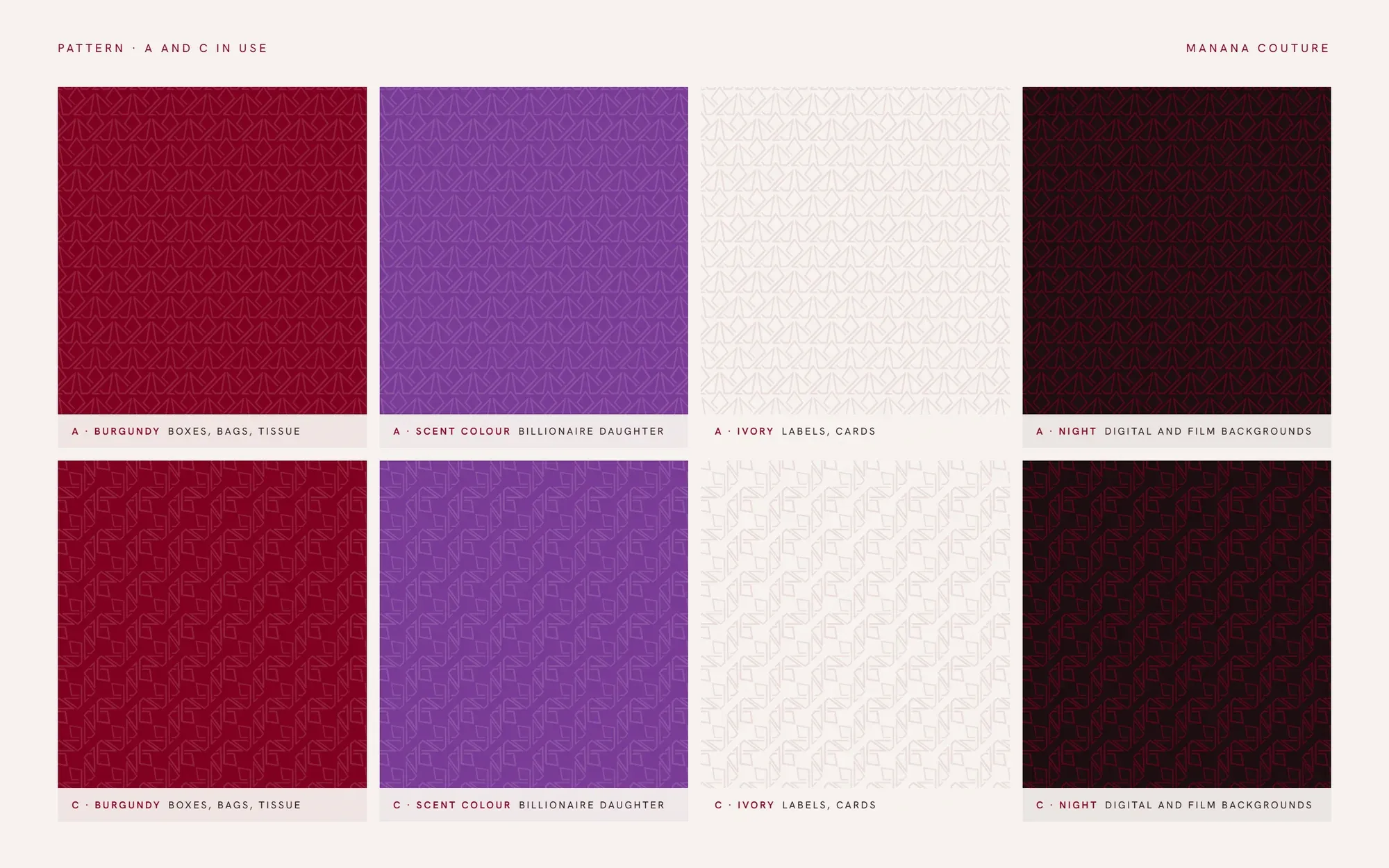 Patterns A and C on burgundy, a scent colour, ivory and night
