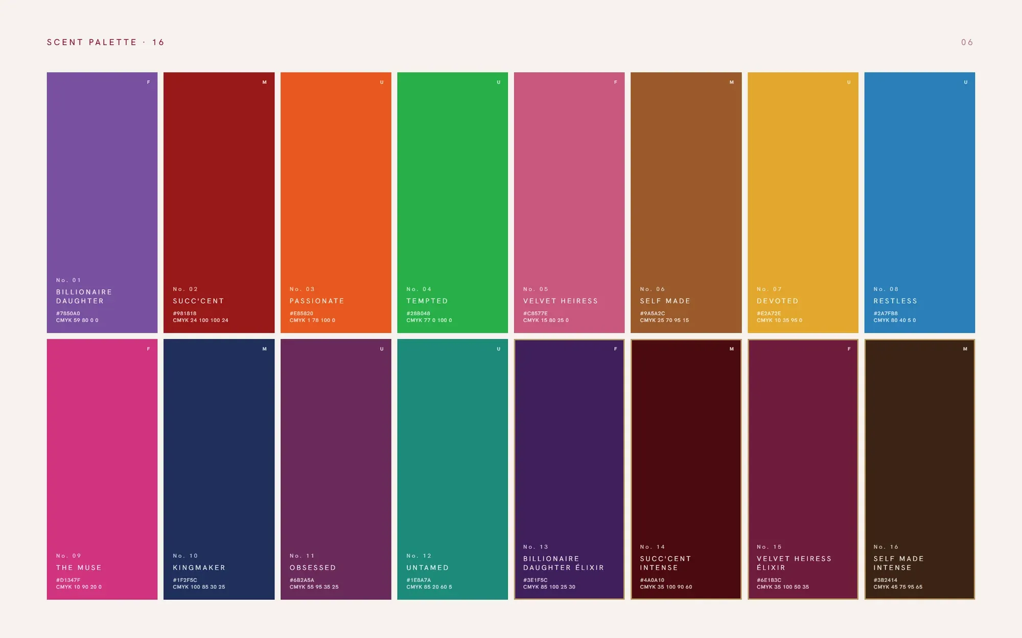 Scent palette: sixteen colours with hex and CMYK values