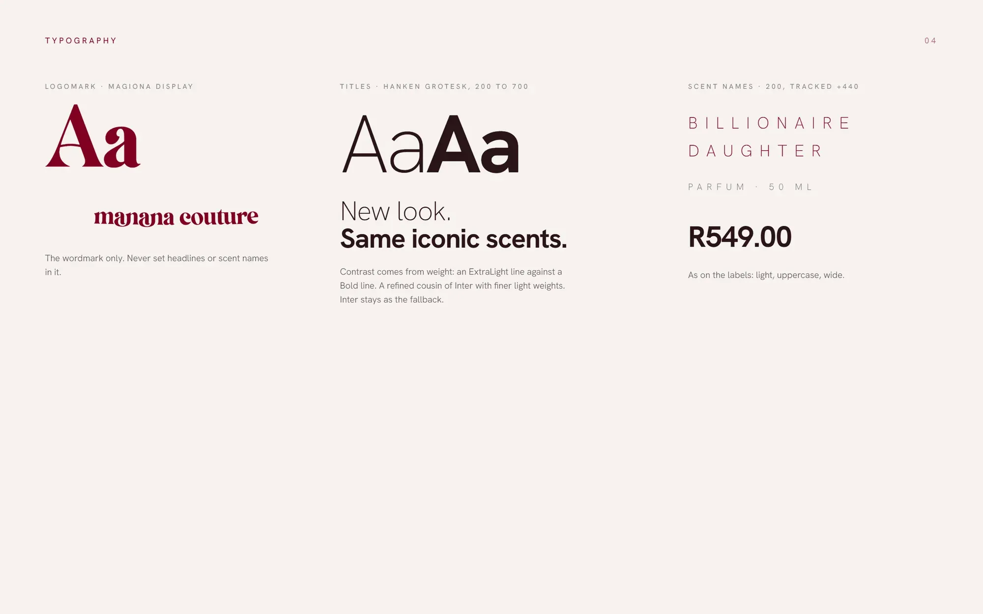 Typography: Magiona for the wordmark only, Hanken Grotesk for titles, text and scent names