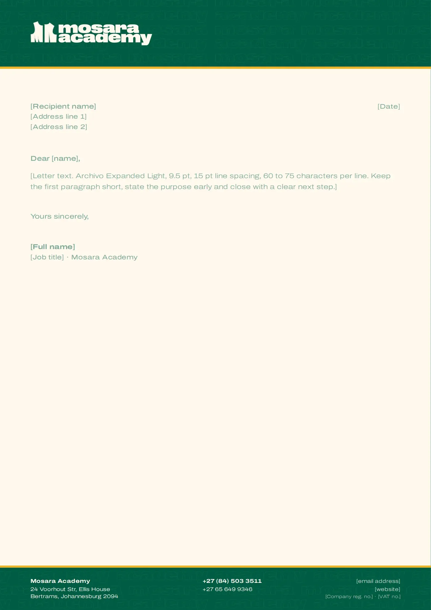 A4 letterhead with a green patterned header and footer