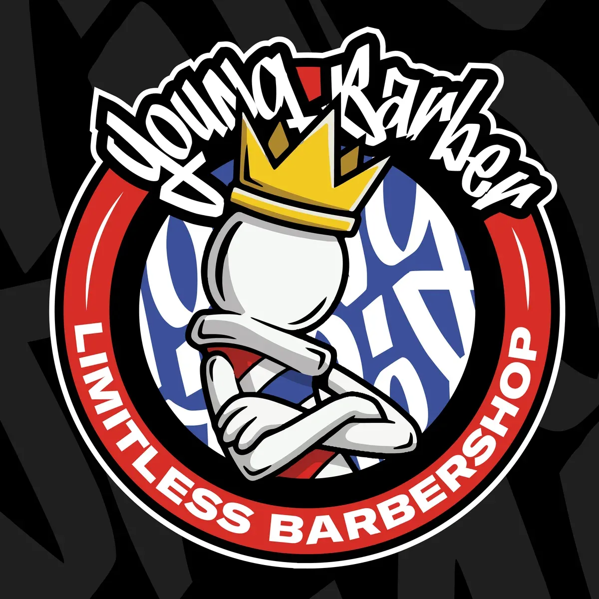 Round Limitless Barbershop badge with the crowned barber, in red, white and blue