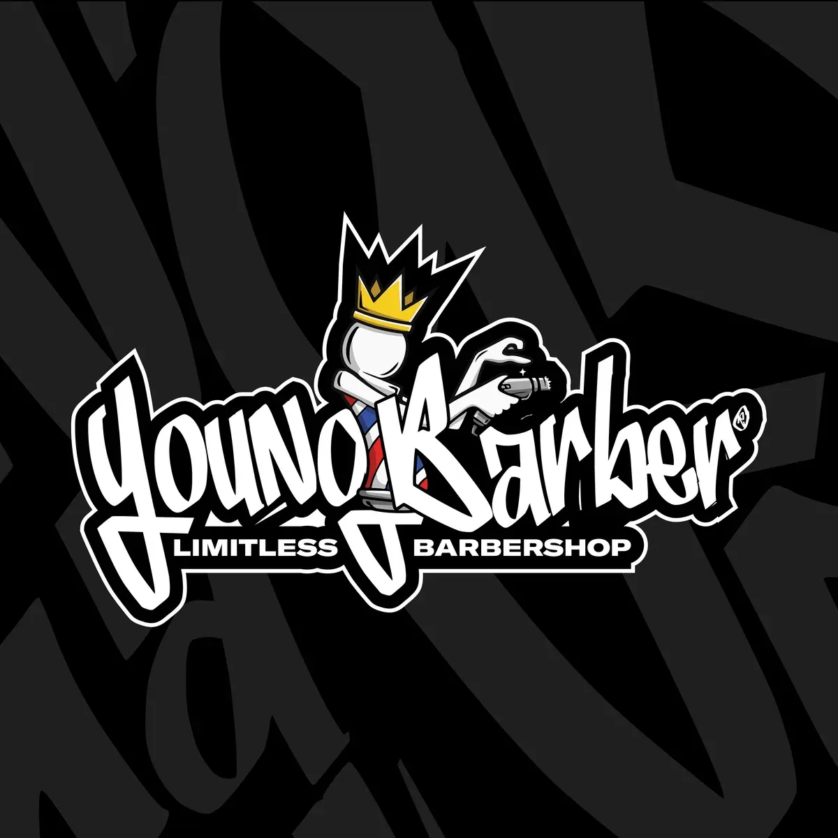 Young Barber wordmark with the crowned barber and "Limitless Barbershop" tag