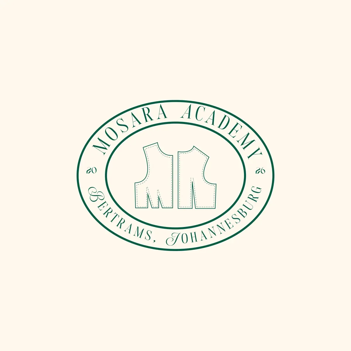 Round Mosara Academy seal, green on cream