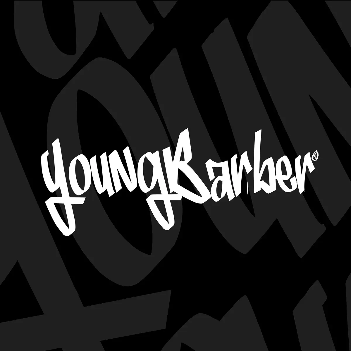 Young Barber wordmark over the all-over lettering pattern