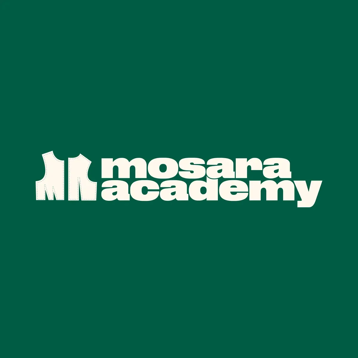 Mosara Academy wordmark with the bodice mark, cream on green