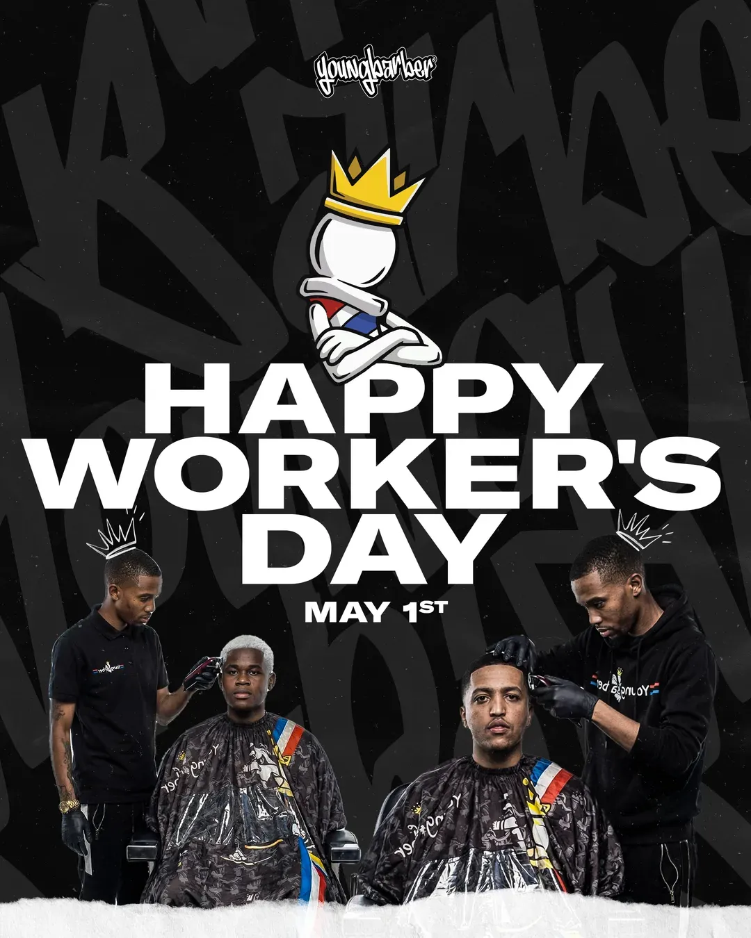 Happy Worker's Day post with barbers at work