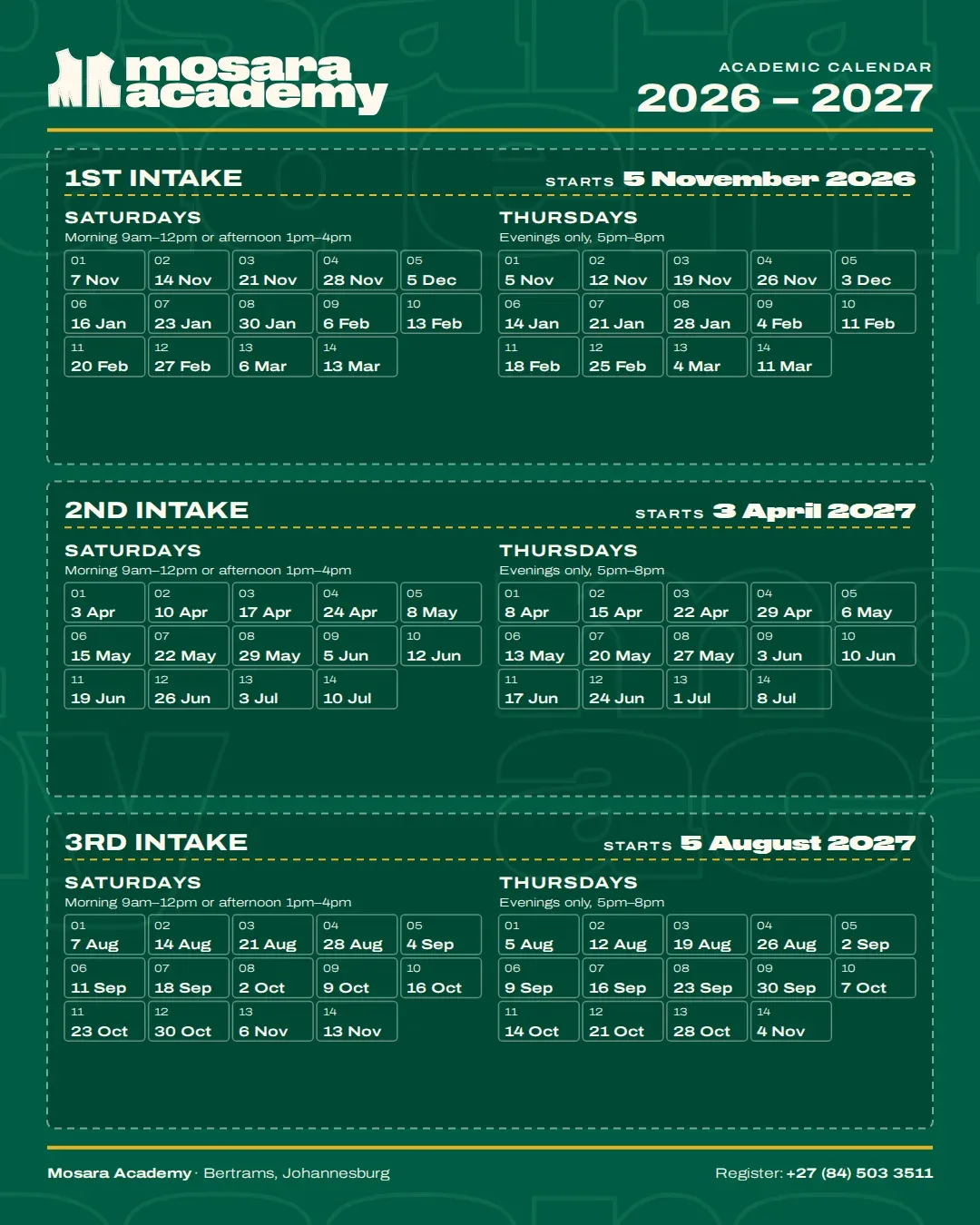 Academic calendar post with three intakes for 2026 to 2027