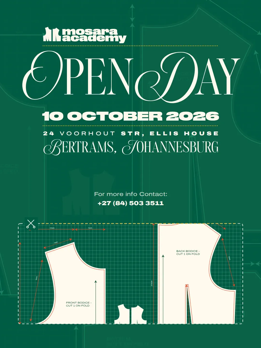 Open Day poster for 10 October 2026 with cut-out bodice pattern pieces