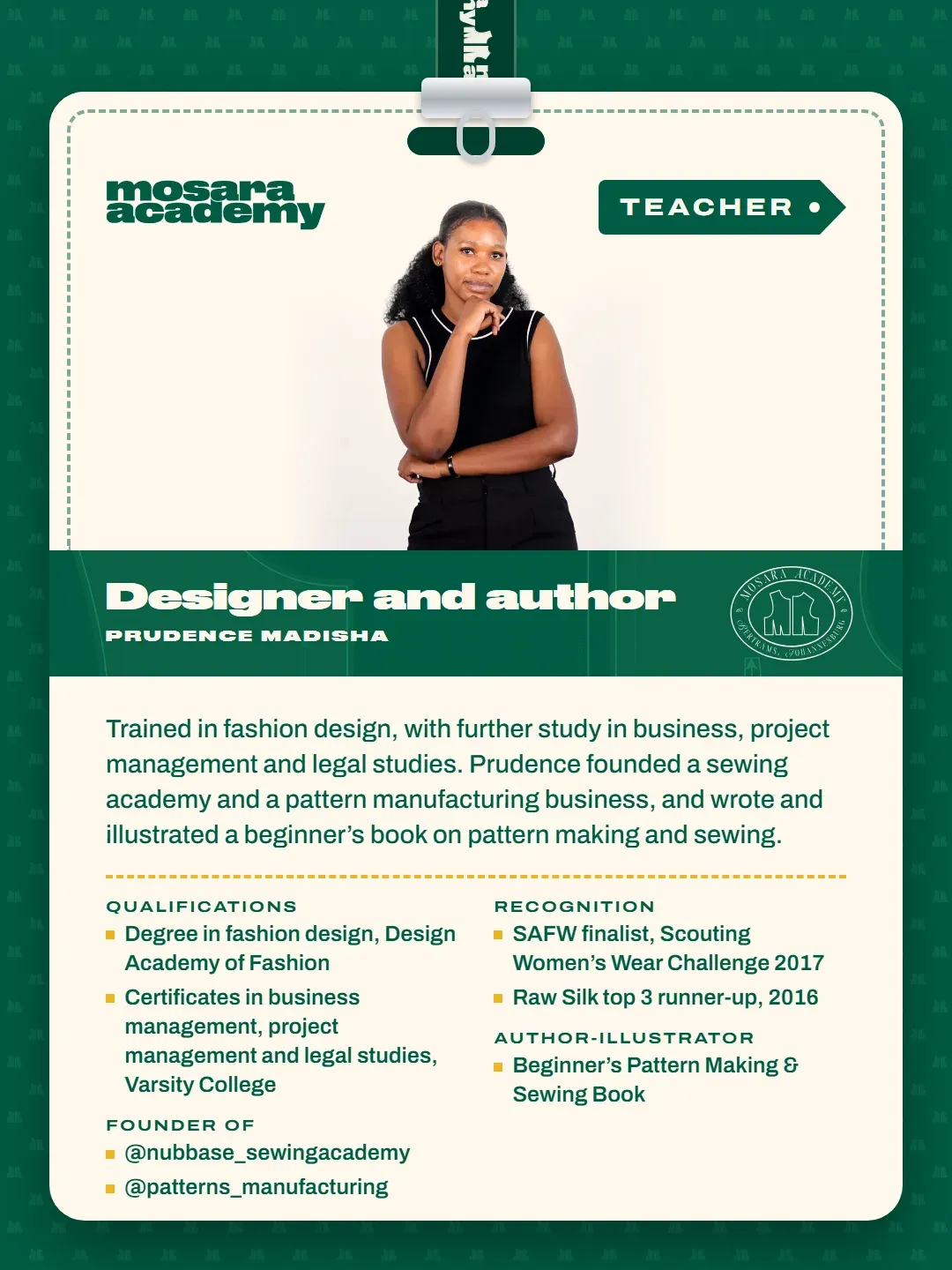 Teacher card introducing Prudence Madisha, designer and author