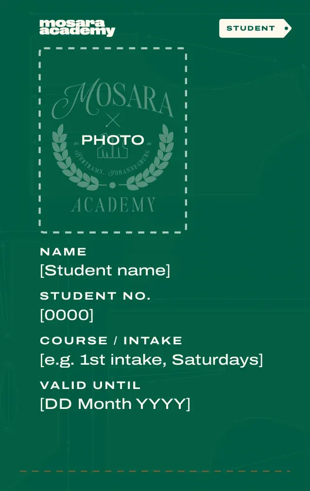 Student ID card in green with a photo panel