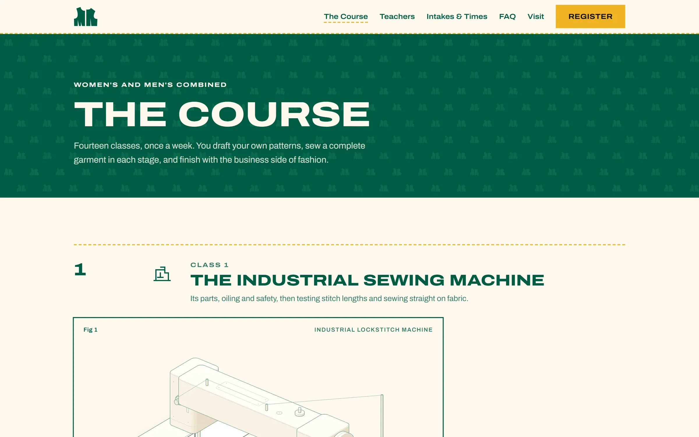 The Course page, opening on class 1, the industrial sewing machine