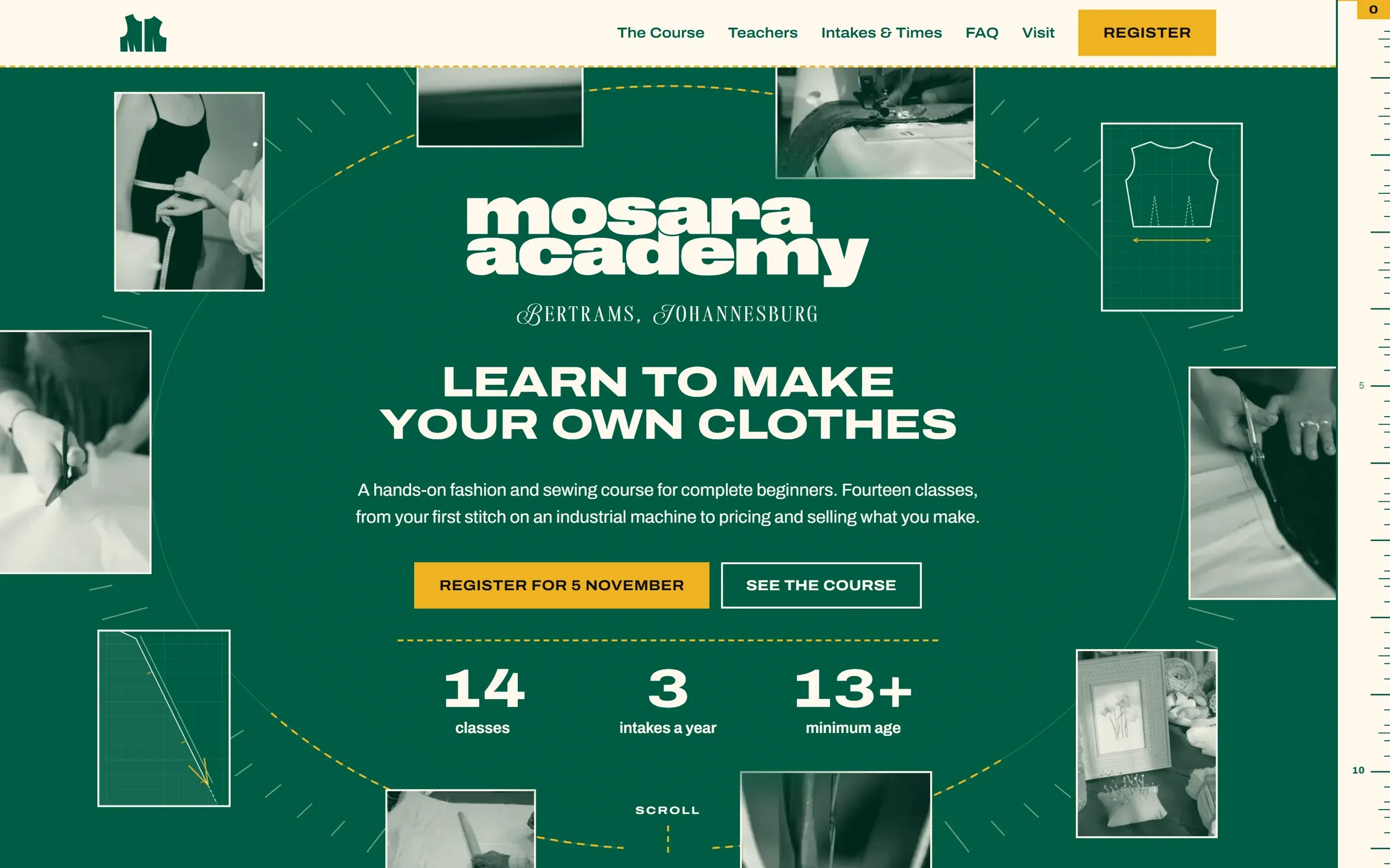Mosara Academy home page: wordmark, headline and course stats over a photo collage