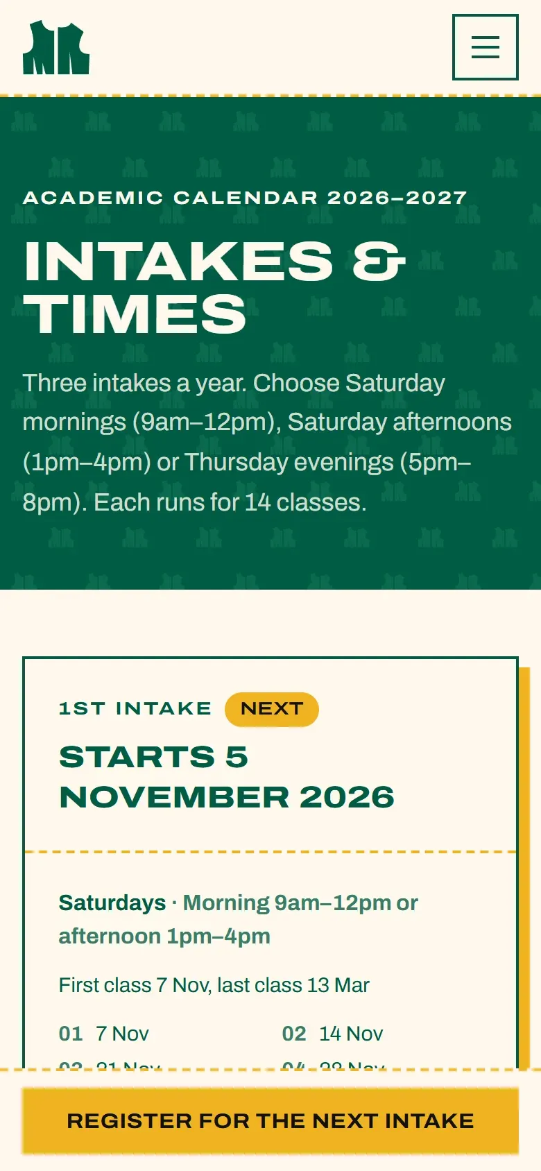 Intakes and times page on a phone